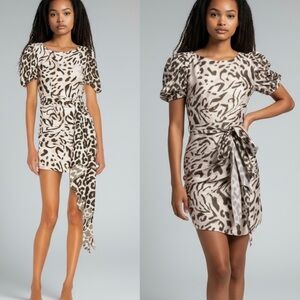 HEMANT AND NANDITA REVOLVE Rika Leopard Print Puff Sleeve Ruched Mini Dress NEW